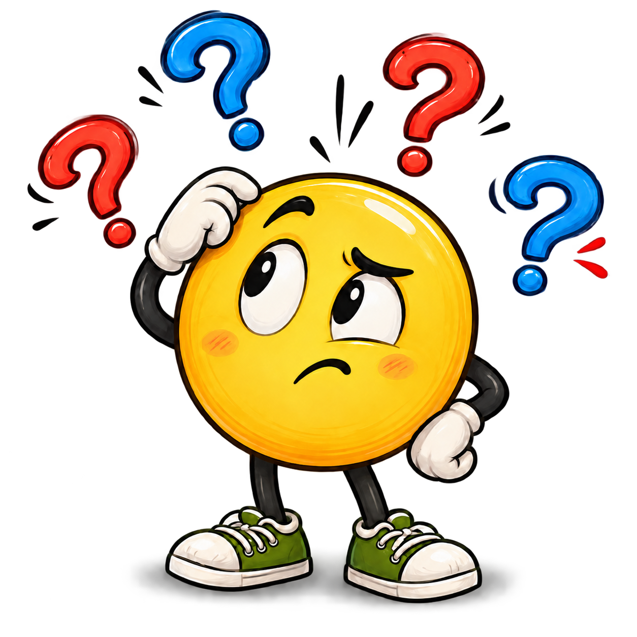 A puzzled cartoon smiley face in green sneakers, scratching its head, surrounded by question marks