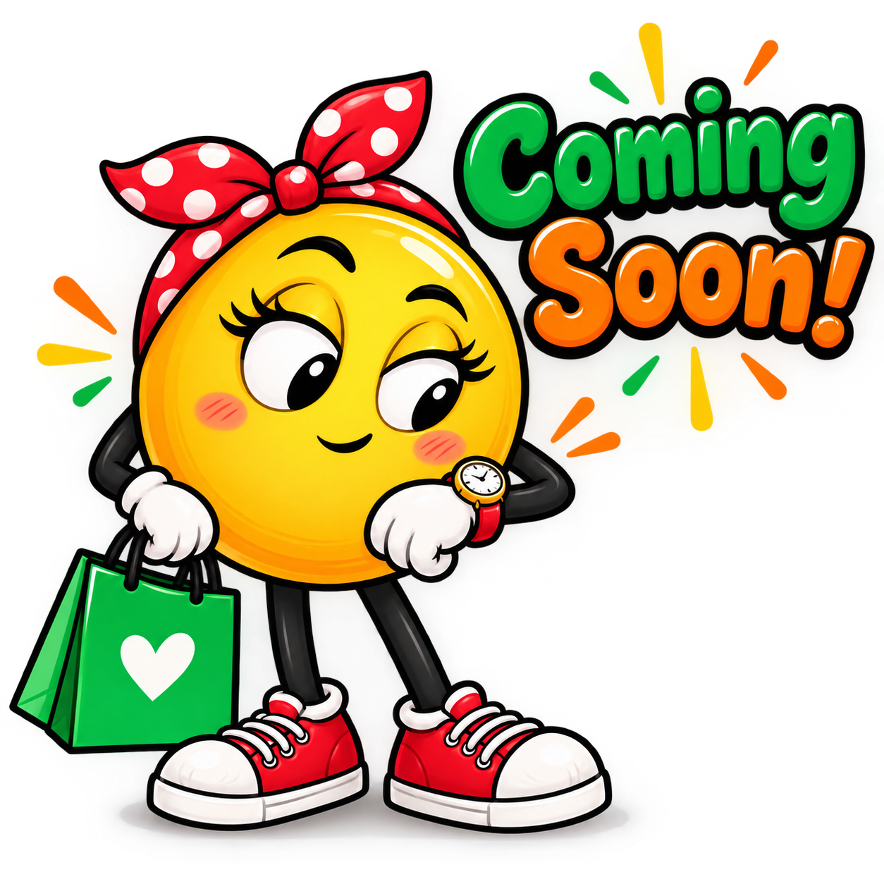 Coming Soon — a cheerful smiley character with a polka-dot bow and a green shopping bag checks her watch